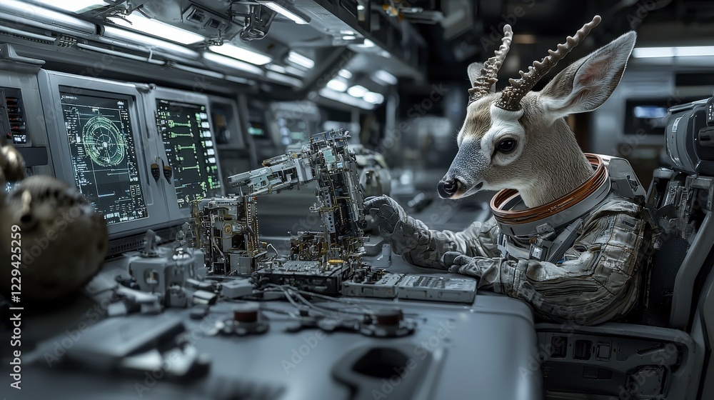 Poster Space technology engineer deer innovating in cosmic lab futuristic spacecraft high-tech environment close-up view