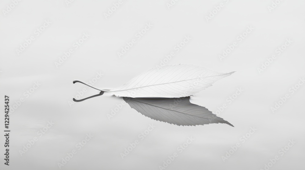 Poster a serene black and white image of a single leaf floating on still water, creating a peaceful reflect