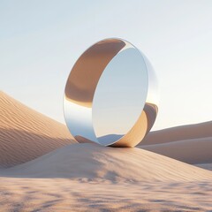 3d render, abstract fantastic panoramic background. Desert landscape with sand water and square mirror under the clear blue sky. Modern minimal aesthetic wallpaper - obrazy, fototapety, plakaty