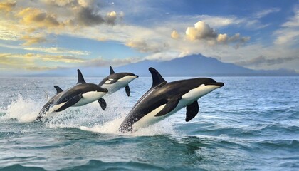 Fototapeta premium KI generiert, Tier, Tiere, Säugetier, Säugetiere, Biotop, Lebensraum, drei, Küstennähe, springen, Nahrungssuche, Orca, Orcas, Schwertwal, Schwertwale, leben in allen Weltmeeren, Tropen, Antarktis, Wal, Wale, Killerwal, Mörderwal, Butzkopf, Familie der Delphine, (Delphinidae), Großer Schwertwal, (Orcinus orca)