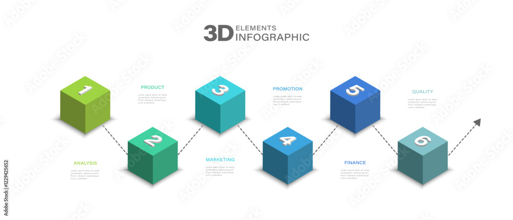 Poster 6 steps 3d cubes infographic. modern infographic template with design options and vector elements fo