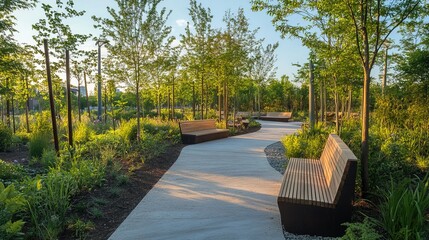 An urban park filled with native trees, benches made from recycled materials, and paths lined with solar-powered lights.