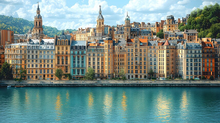 Obraz premium Colorful buildings line river, hillside background, sunny day, travel tourism