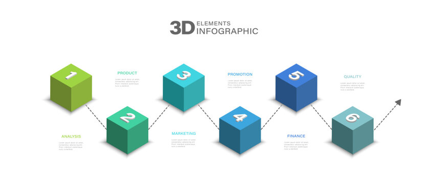 6 Steps 3D cubes Infographic. Modern infographic template with design options and vector elements for business presentations
