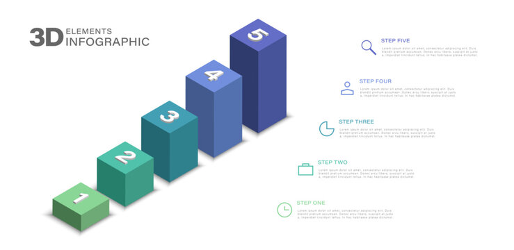 5 Steps Growth Graph Infographic. Modern infographic template with 5 3D cubes.