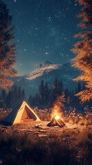 A serene camping scene featuring a tent and campfire under a starry sky, surrounded by a forest and mountains.