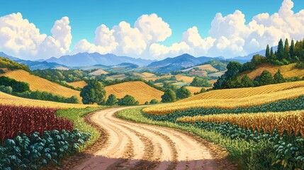 Fototapeta premium A road runs through a field of yellow corn. The sky is cloudy and the sun is shining