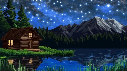 Enchanting pixel art landscape of illuminated log cabin by mountain lake under starry night sky, digital illustration with magical forest atmosphere and reflective water