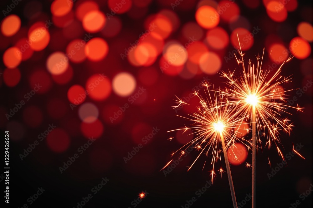 Poster two bright sparklers glowing against a blurred red bokeh background, creating a festive and joyful a