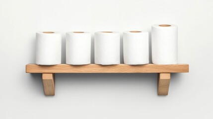 Neatly Arranged Toilet Paper Rolls on Wooden Shelf