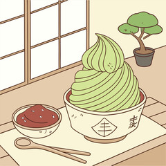 Matcha Green Tea Ice Cream with Red Bean Topping