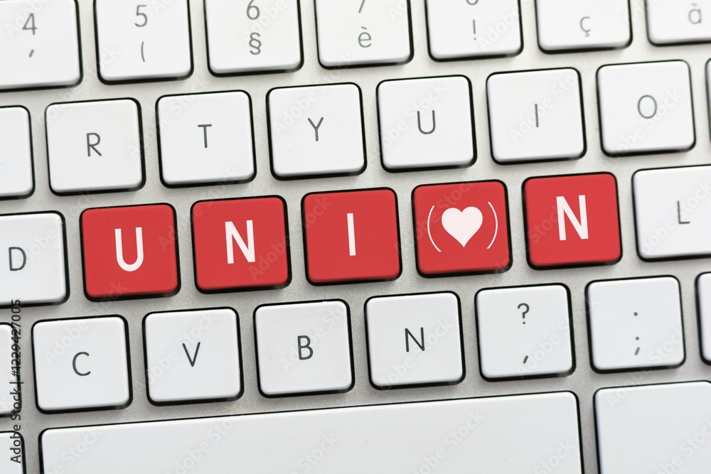 Poster union writing on white keyboard with a heart sketch with parenthesis