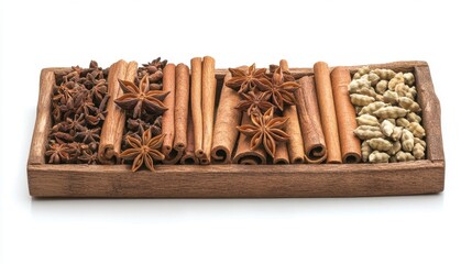 Assorted Whole Spices on Wooden Tray for Culinary Inspiration