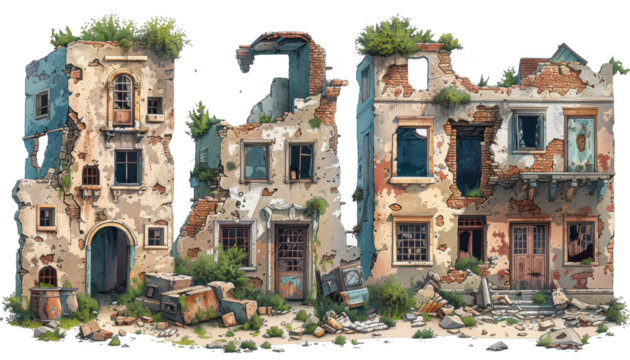ruined buildings isolated on transparent background