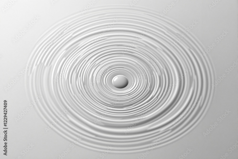 Poster abstract white ripples radiating from a central sphere on a smooth gray background. minimalist desig