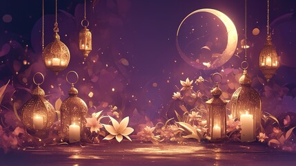 white ramadan banner with flowers and eid festival moon greeting design Decorative lantern with candles glowing at night