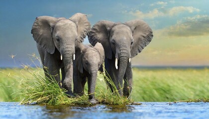Fototapeta premium KI generated, animal, animals, mammal, mammals, biotope, habitat, three, elephant family, foraging, wildlife, Africa, african elephant (Loxodonta africana), water, river, bank, waters