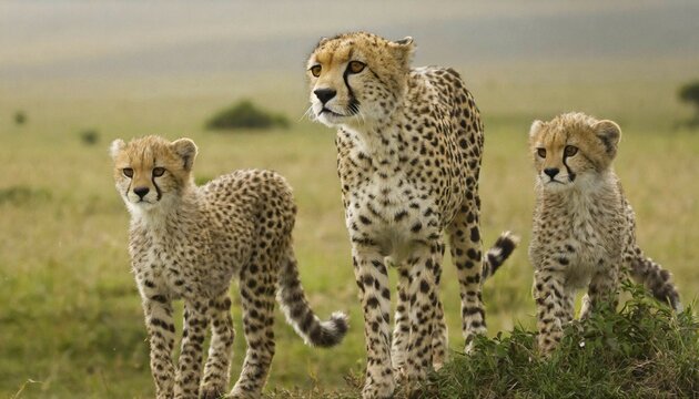 AI generated, animal, animals, mammal, mammals, biotope, habitat, edrei, cheetah and two young cheetahs (Acinonyx jubatus), cheetah family