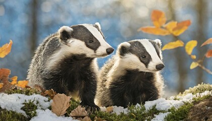 KI generated, animal, animals, mammal, mammals, biotope, habitat, two, autumn, autumn leaves, onset of winter, seasons, foraging, wildlife, european badger (Meles meles), snow, winter, ice