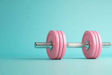 Obraz premium Bright pink dumbbell resting on a light blue surface showcasing fitness equipment for home workouts