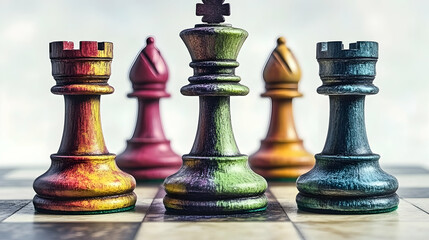 Fototapeta premium Colorful chess pieces on board, strategic game, competition, planning, business concept