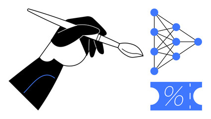Hand holding paintbrush, abstract network diagram with connected dots, percentage symbol ticket. Ideal for creativity, innovation, science, technology, finance design art. Black white blue
