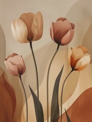 Artistic representation of tulips in pastel pink and orange tones with long vertical stems, AI generated