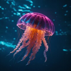 A jellyfish floating in a neon-lit futuristic ocean.
