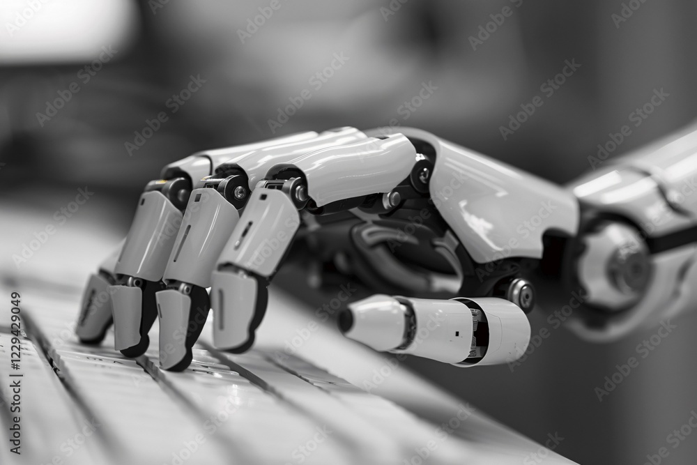 Poster close up of white artificial intelligence android robot hand writing text on compurter keyboard. gen