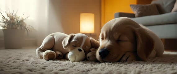 A sweet puppy cuddled with a plush toy eyes shut peacefully in a sunny living room