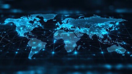 Global network connection, digital world map, data flow, background bokeh, website banner