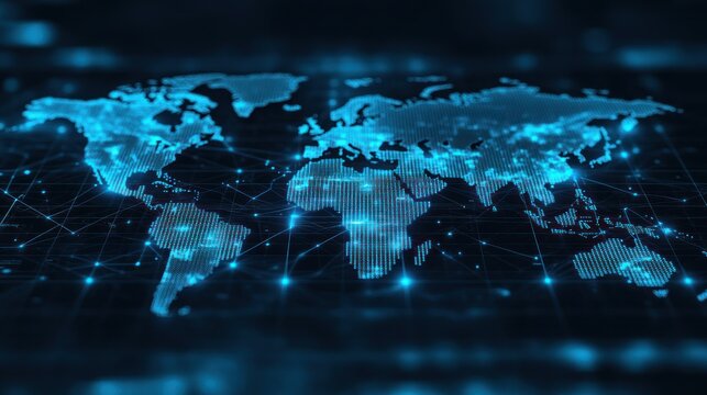 Global network connection, digital world map, data flow, background bokeh, website banner