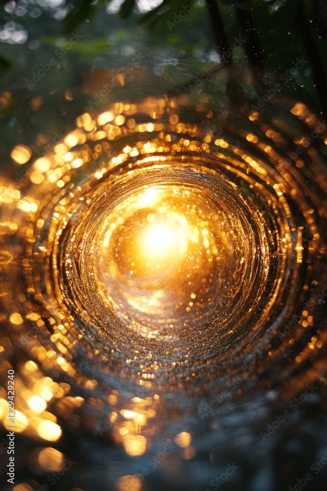Poster a mesmerizing view of a golden light tunnel with sparkling bokeh, evoking a sense of wonder and magi