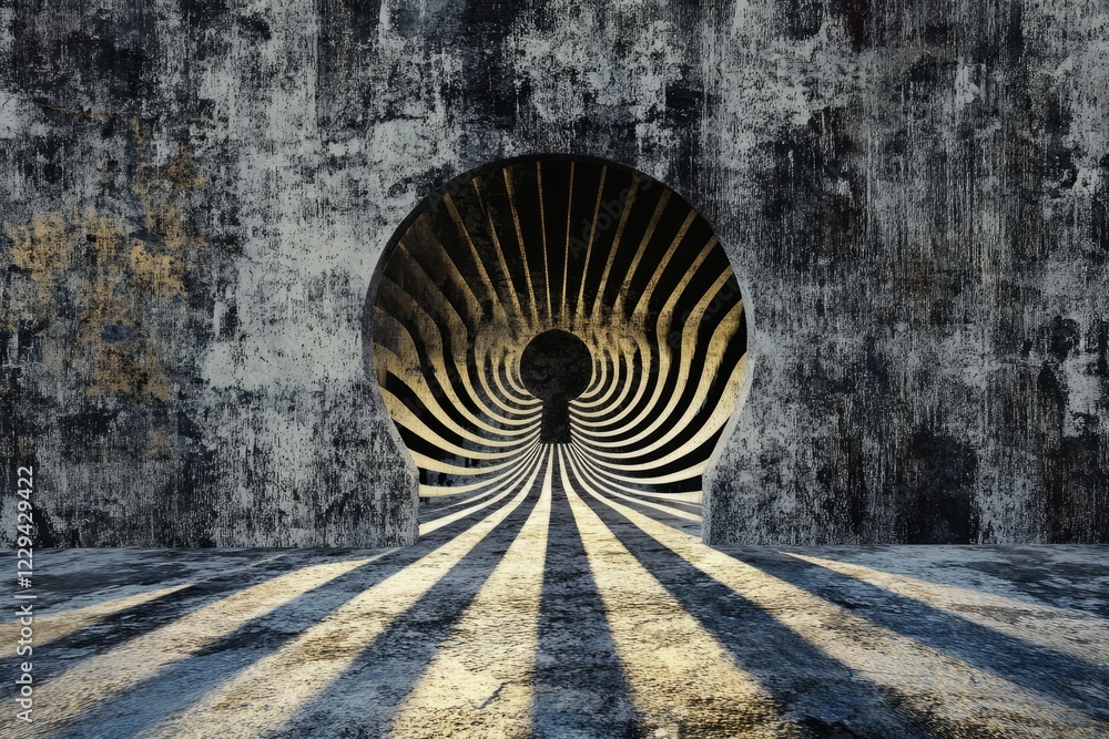 Poster a captivating abstract image of a tunnel with dramatic light and shadow play, creating a surreal arc