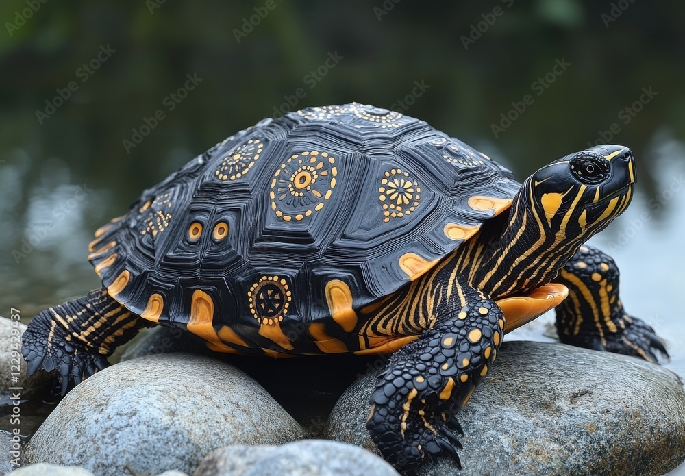 Poster striking image of colorful turtle on rocks by tranquil water, showcasing unique shell patterns and v