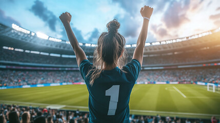 Woman in sports jersey cheering at a football stadium.
