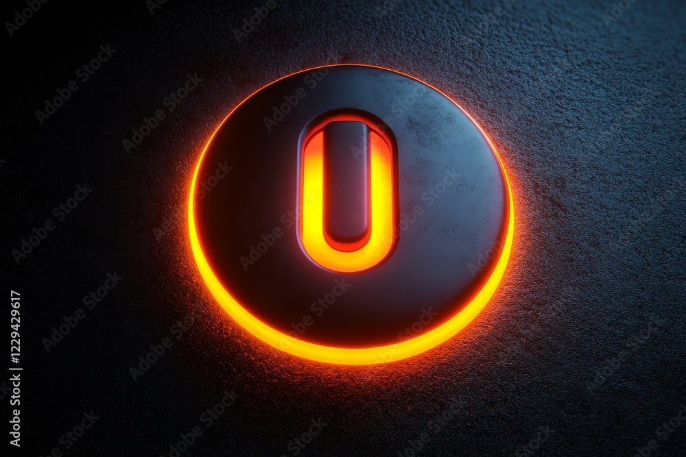 Poster glowing circular button design with orange light against a dark textured background