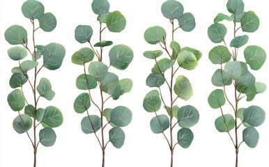Obraz premium Watercolor illustration of blue eucalyptus branches and leaves, isolated on a white backdrop with tropical accents for a greenery-themed design