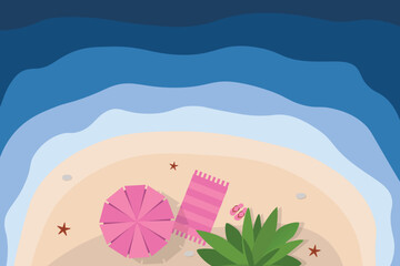 Hello summer banner. Top view island beach background with umbrella. Summer vacation poster