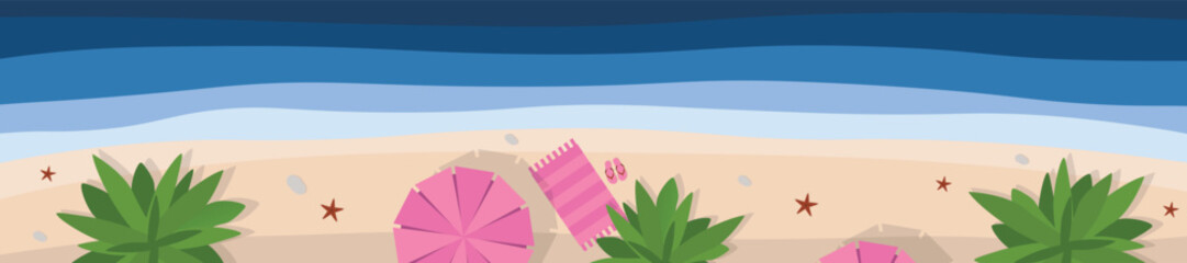Hello summer banner. Top view island beach background with umbrella. Summer vacation poster © rymarenko