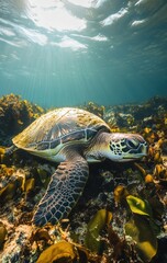 Naklejka premium Tranquil Underwater Scene Featuring a Majestic Green Sea Turtle Swimming Gracefully Among Vibrant Seaweed Beneath Sunlit Ocean Surface