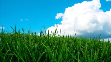 Obraz premium Green grass and blue sky with white clouds