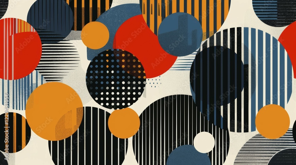 Poster abstract modern design with circular patterns, stripes, and dotted elements in warm tones, ai genera