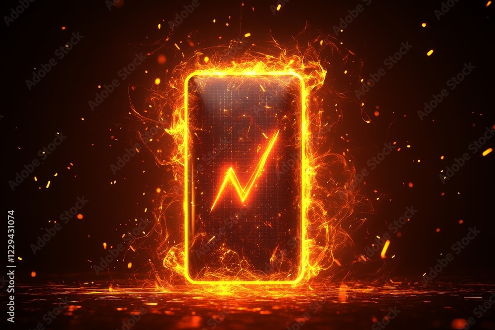 Poster phone glowing with flames and lightning effect in a dark environment during a digital art showcase