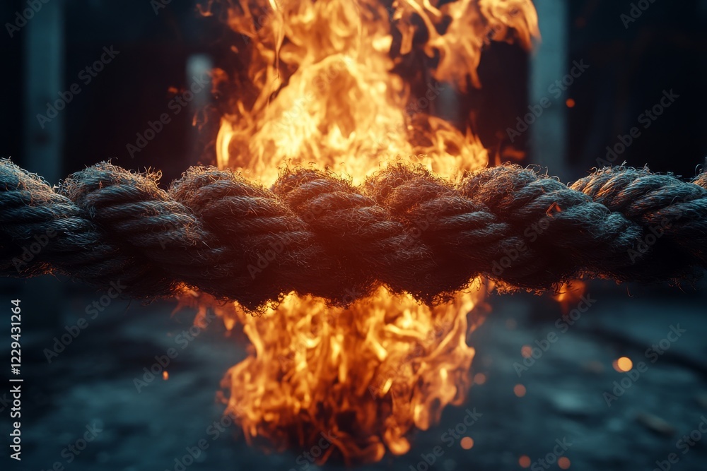 Poster fire engulfing thick rope in an abandoned industrial setting at dusk creating a striking contrast be