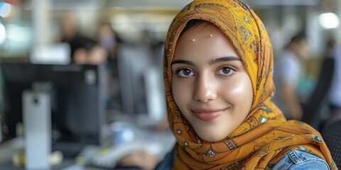 Fototapeta premium Smiling woman in an orange hijab at an office workspace with a computer in the background, ai generated, AI generated