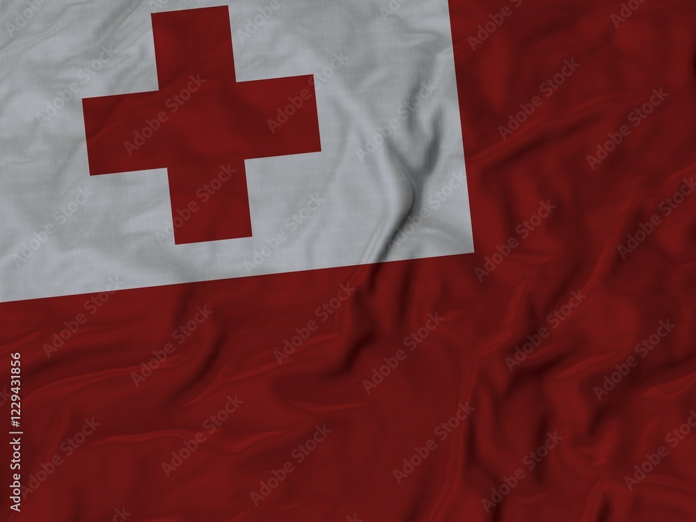 Poster flag featuring a red background with a white square and red cross in the top left, fabric ruffled fl