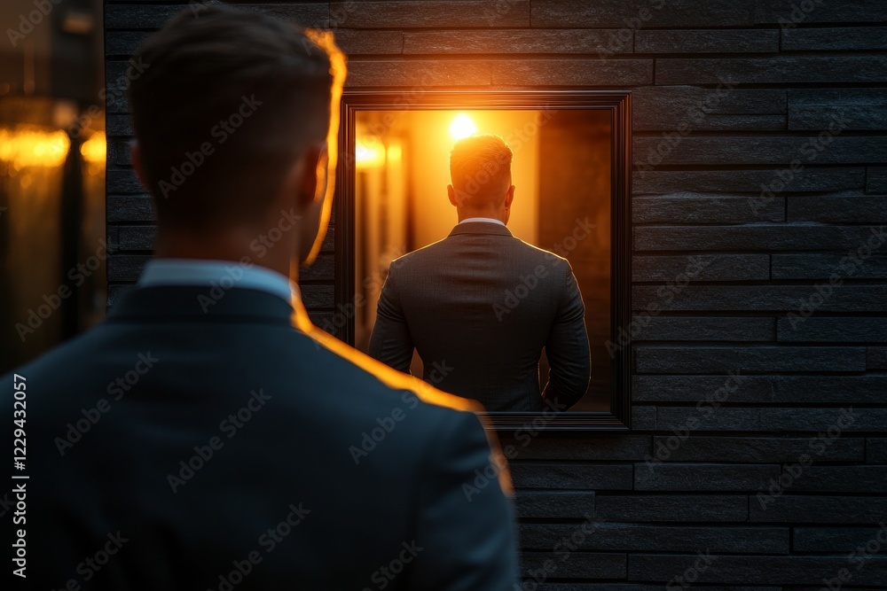 Poster man in suit gazing at reflection in mirror with sunset light creating a dramatic scene