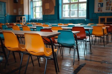 Rows with many colorful, plastic chairs and armchairs.