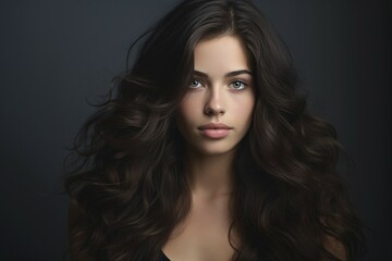 Fototapeta premium Young woman with dark lush wavy hair. KI generiert, generiert AI generated